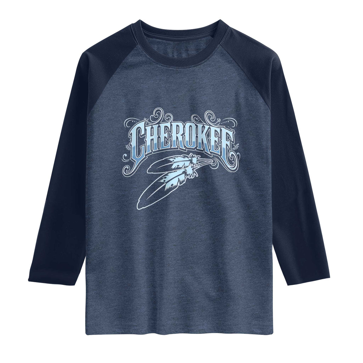Cherokee Native American Heritage Raglan Shirt Blue Feather Filigree Typography