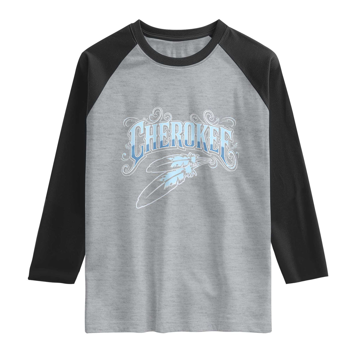 Cherokee Native American Heritage Raglan Shirt Blue Feather Filigree Typography