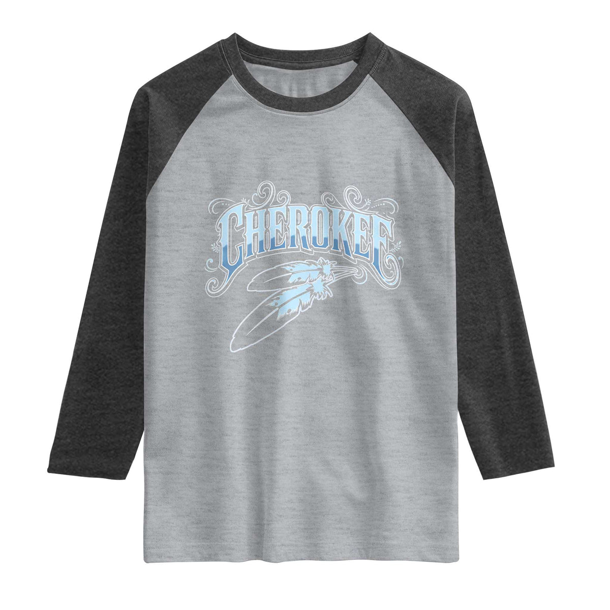 Cherokee Native American Heritage Raglan Shirt Blue Feather Filigree Typography