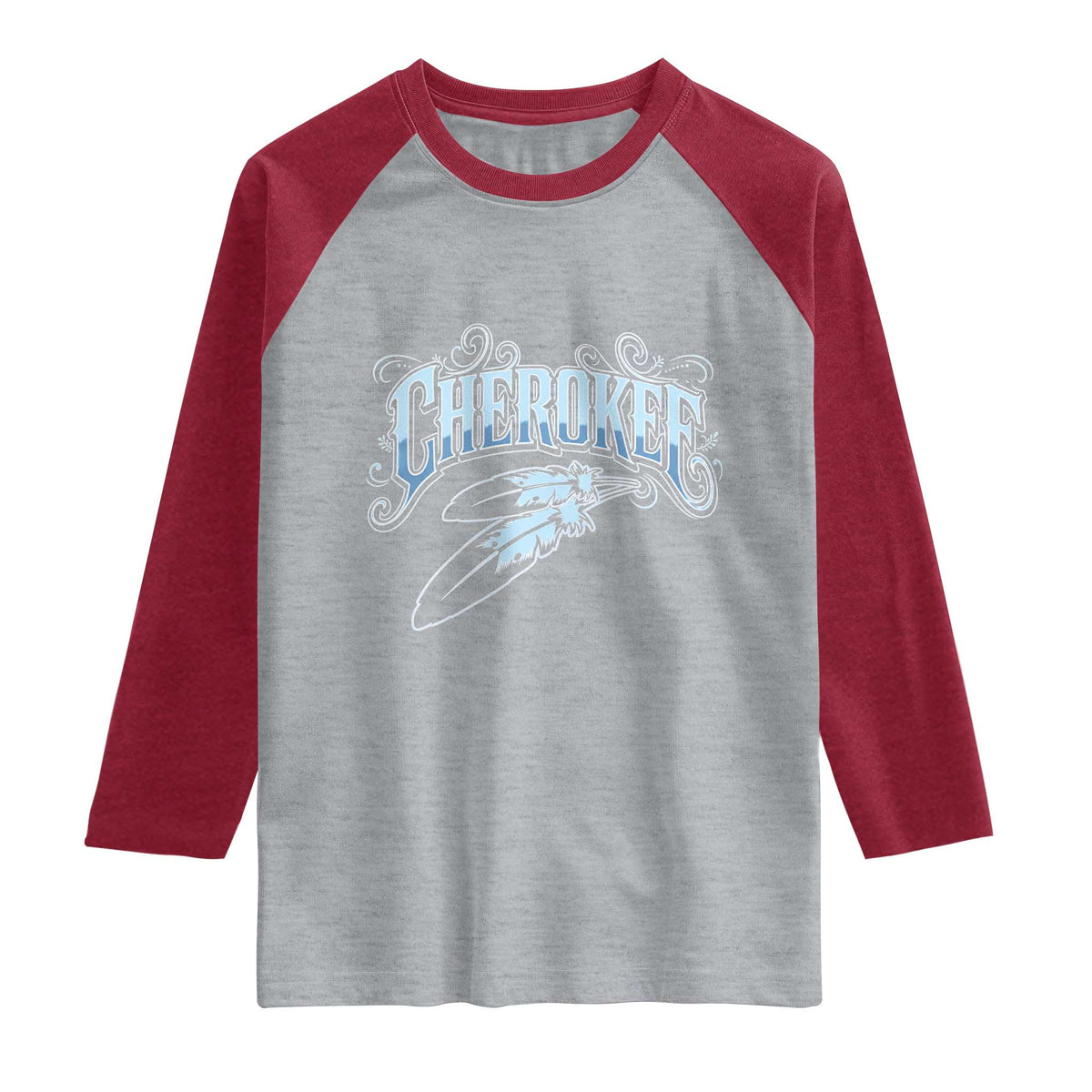 Cherokee Native American Heritage Raglan Shirt Blue Feather Filigree Typography
