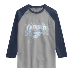 Cherokee Native American Heritage Raglan Shirt Blue Feather Filigree Typography