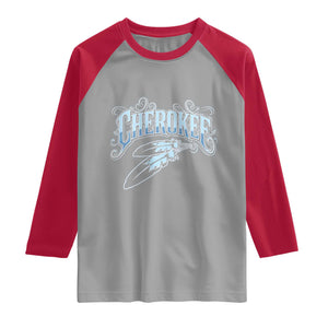 Cherokee Native American Heritage Raglan Shirt Blue Feather Filigree Typography