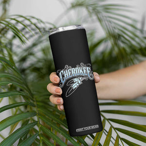 Cherokee Native American Heritage Skinny Tumbler Blue Feather Filigree Typography