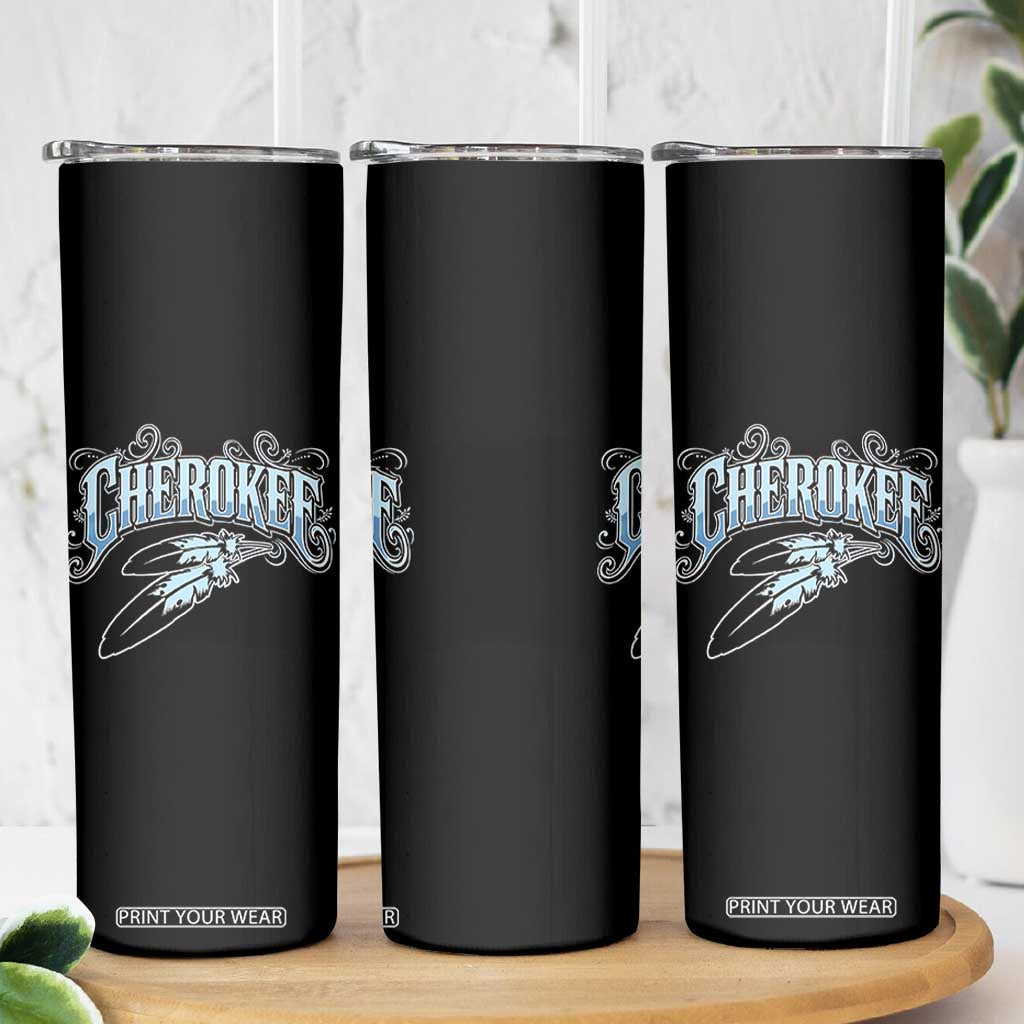 Cherokee Native American Heritage Skinny Tumbler Blue Feather Filigree Typography