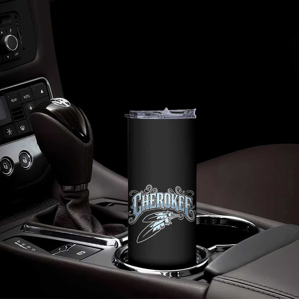 Cherokee Native American Heritage Skinny Tumbler Blue Feather Filigree Typography
