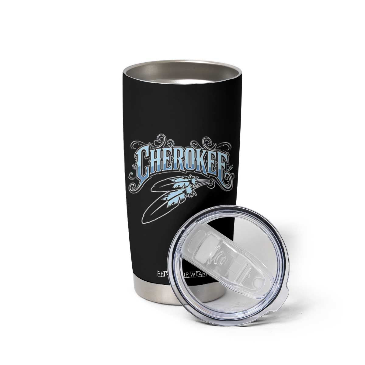 Cherokee Native American Heritage Tumbler Cup Blue Feather Filigree Typography