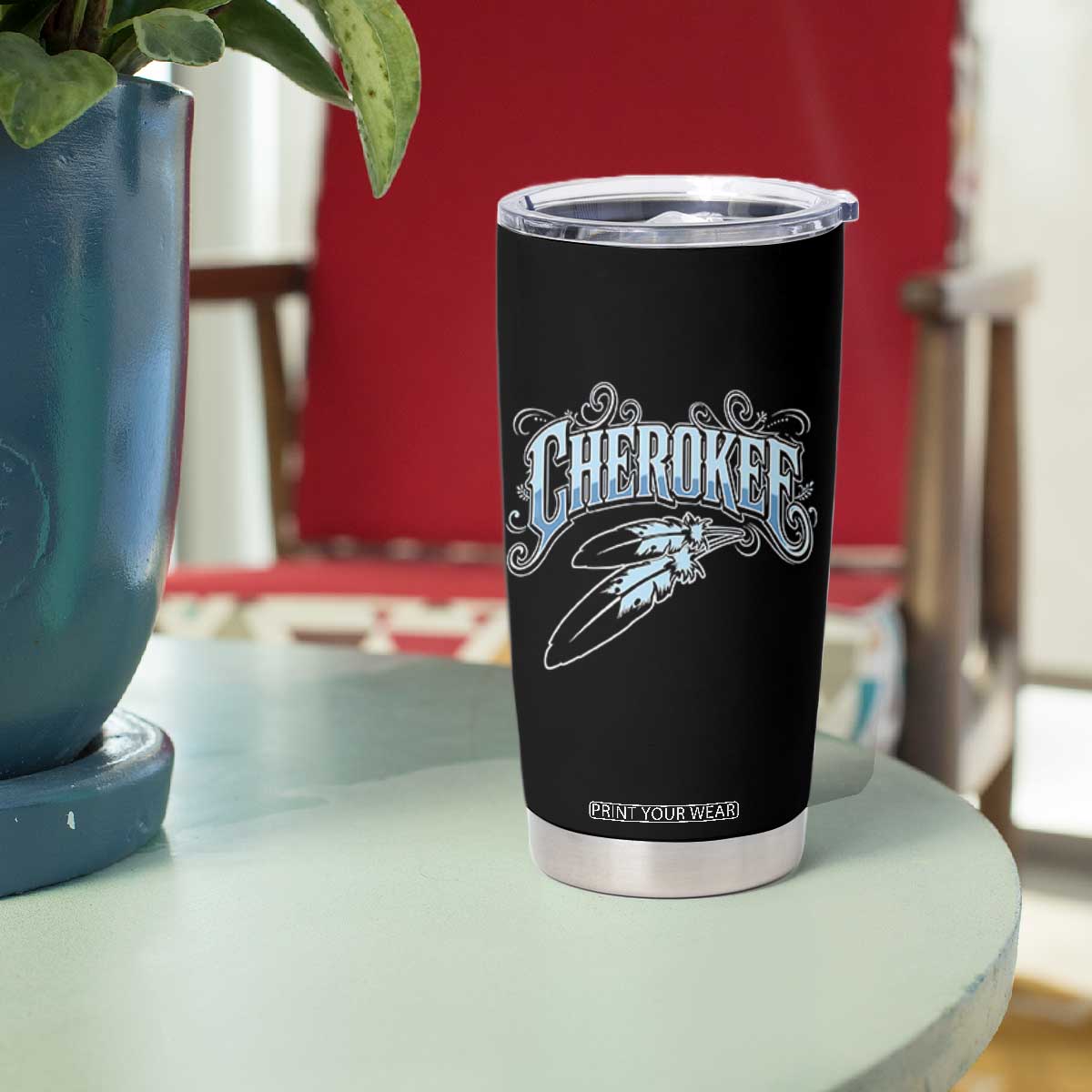 Cherokee Native American Heritage Tumbler Cup Blue Feather Filigree Typography