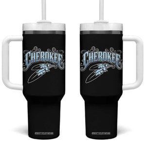 Cherokee Native American Heritage Tumbler With Handle Blue Feather Filigree Typography
