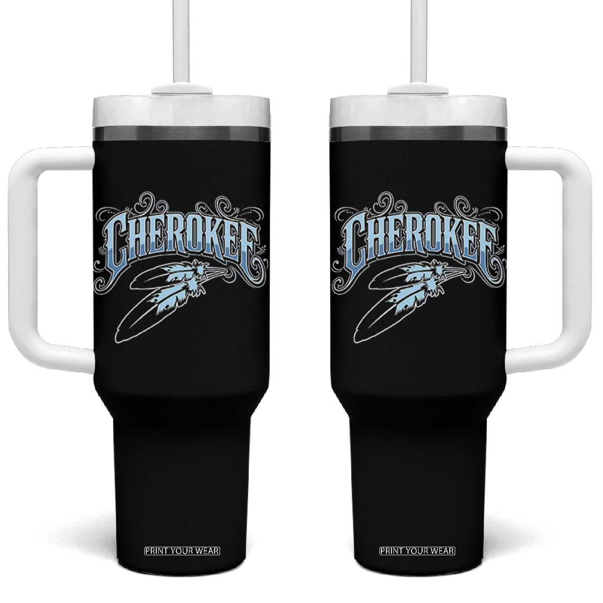Cherokee Native American Heritage Tumbler With Handle Blue Feather Filigree Typography TS12 One Size: 40 oz Black Print Your Wear