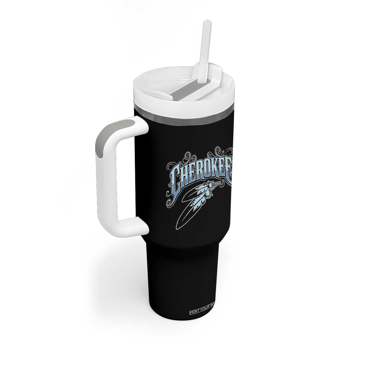 Cherokee Native American Heritage Tumbler With Handle Blue Feather Filigree Typography
