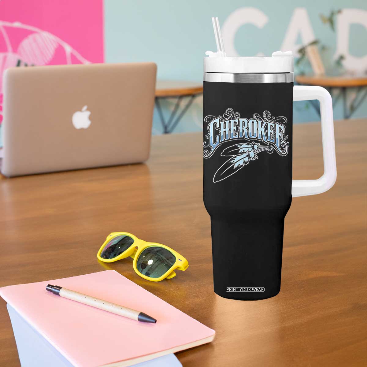 Cherokee Native American Heritage Tumbler With Handle Blue Feather Filigree Typography