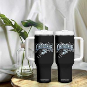 Cherokee Native American Heritage Tumbler With Handle Blue Feather Filigree Typography