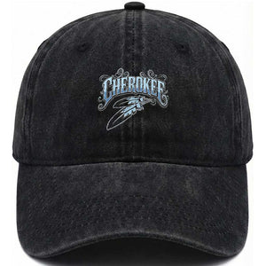 Cherokee Native American Heritage Washed Cotton Baseball Cap Blue Feather Filigree Typography