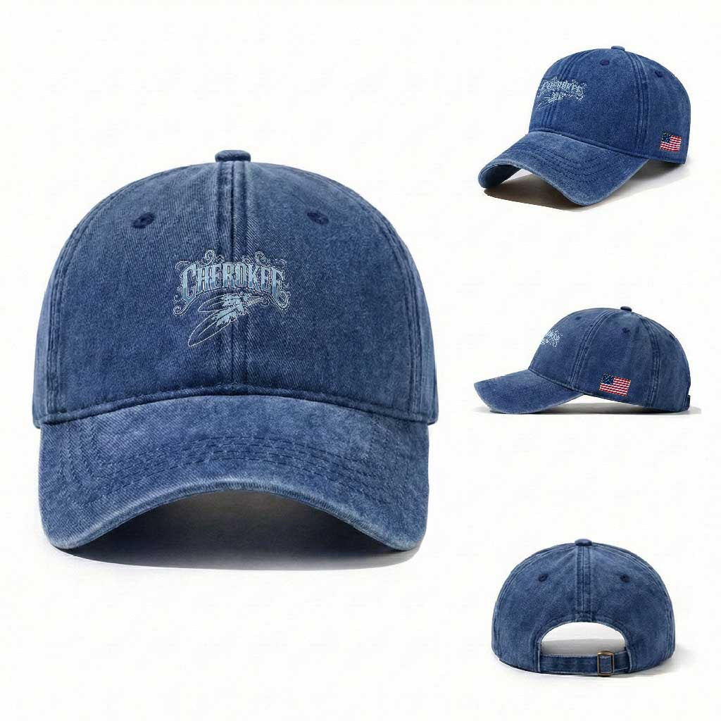 Cherokee Native American Heritage Washed Cotton Baseball Cap Blue Feather Filigree Typography