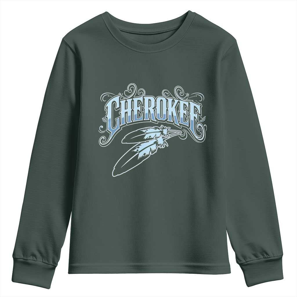 Cherokee Native American Heritage Youth Sweatshirt Blue Feather Filigree Typography