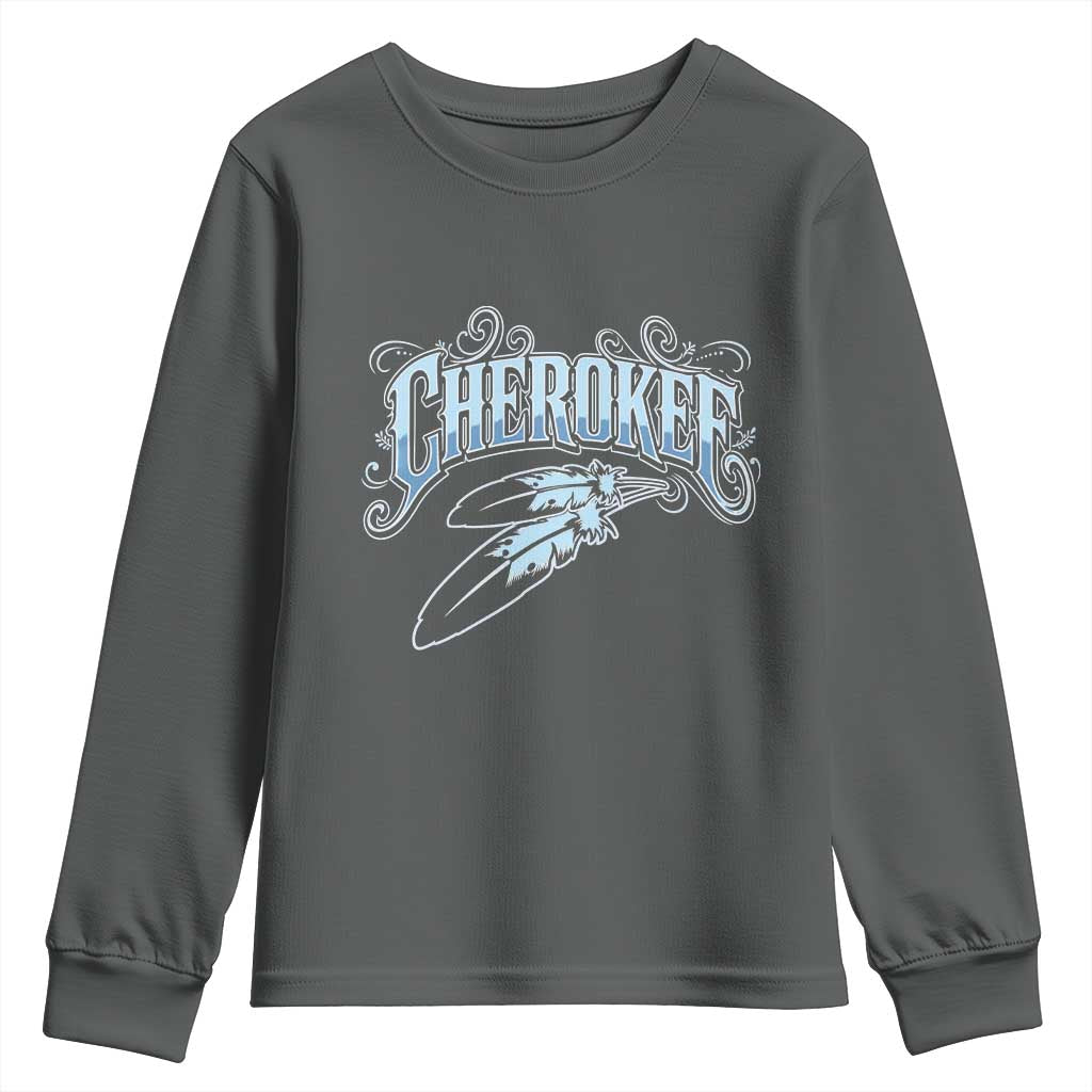 Cherokee Native American Heritage Youth Sweatshirt Blue Feather Filigree Typography