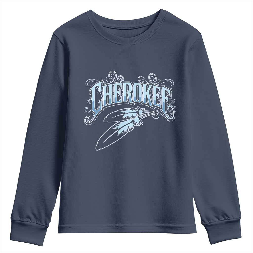 Cherokee Native American Heritage Youth Sweatshirt Blue Feather Filigree Typography