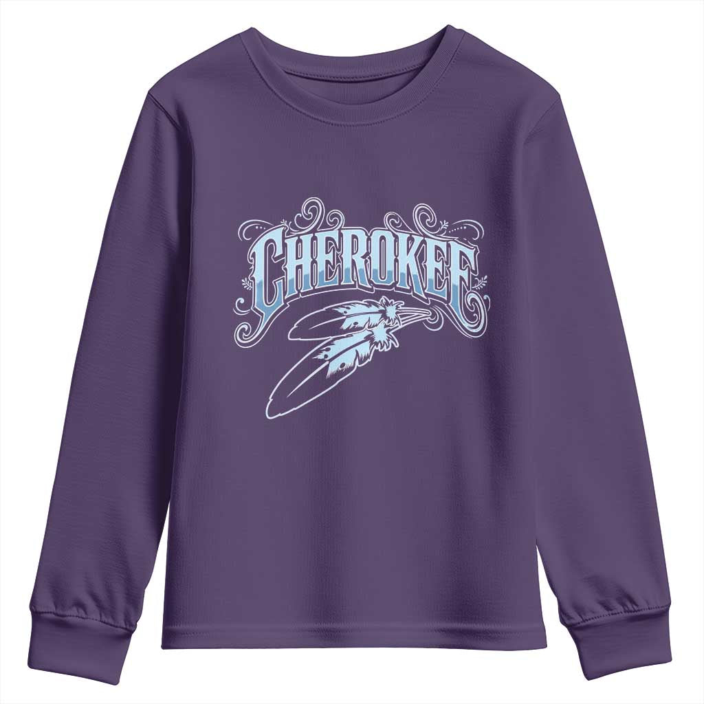 Cherokee Native American Heritage Youth Sweatshirt Blue Feather Filigree Typography