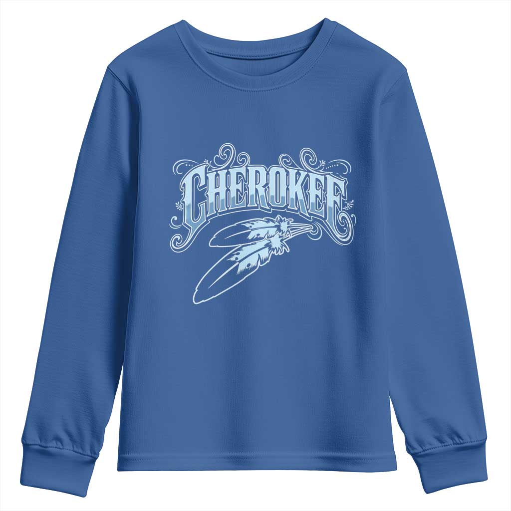 Cherokee Native American Heritage Youth Sweatshirt Blue Feather Filigree Typography