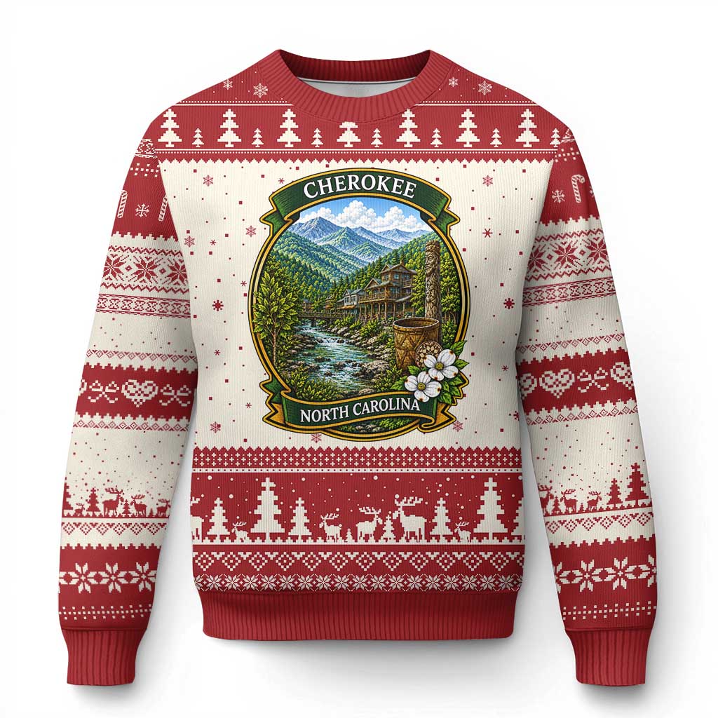 Vintage Great Smoky Mountains Ugly Christmas Sweater Cherokee North Carolina Landscape