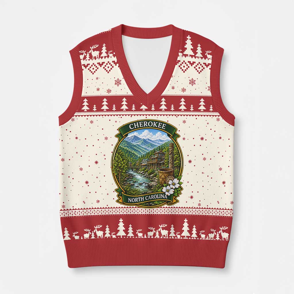 Vintage Great Smoky Mountains V-Neck Knit Sweater Vest Cherokee North Carolina Landscape