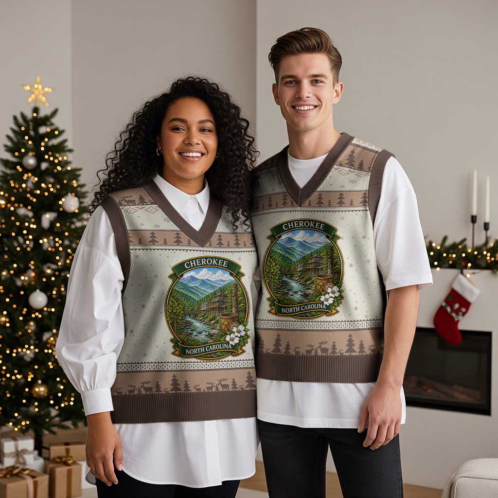 Vintage Great Smoky Mountains V-Neck Knit Sweater Vest Cherokee North Carolina Landscape