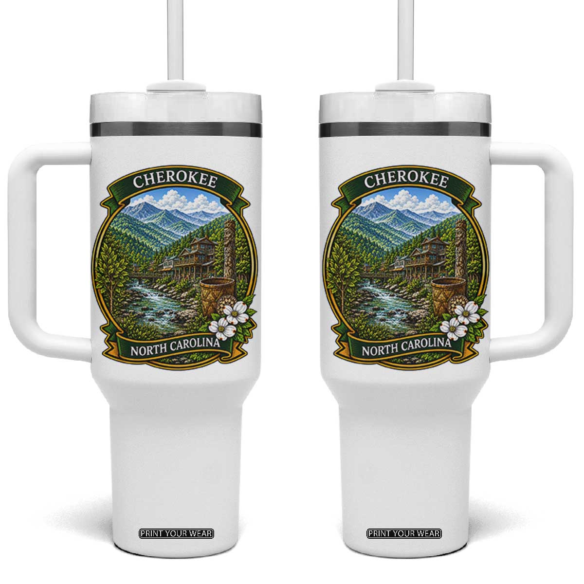 Vintage Great Smoky Mountains Tumbler With Handle Cherokee North Carolina Landscape TS12 One Size: 40 oz White Print Your Wear