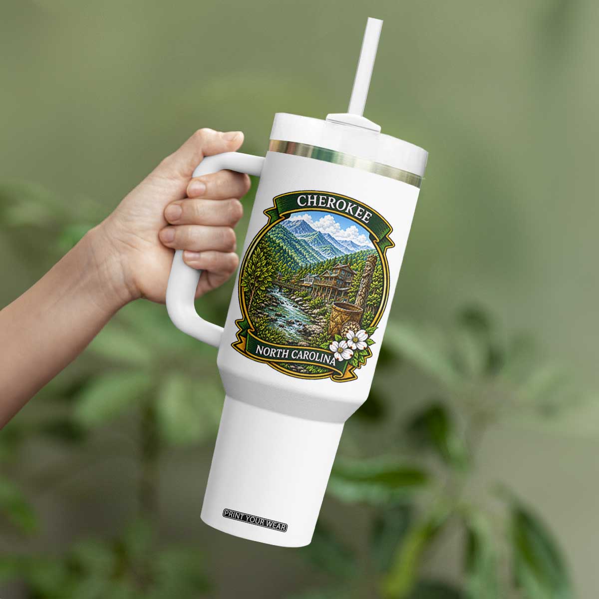 Vintage Great Smoky Mountains Tumbler With Handle Cherokee North Carolina Landscape