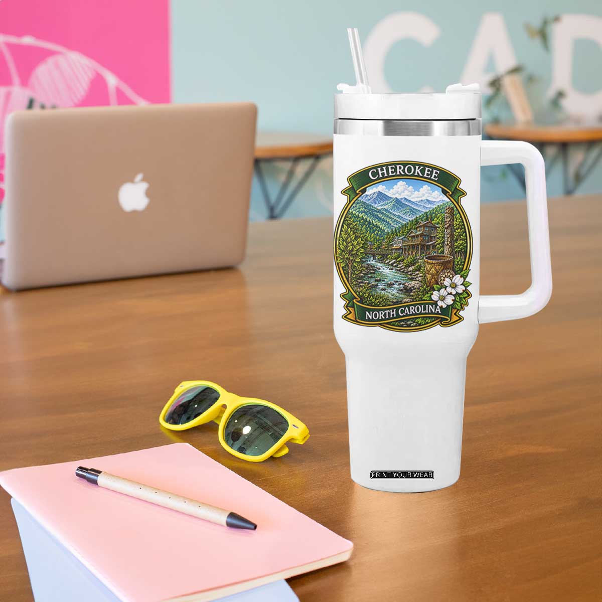 Vintage Great Smoky Mountains Tumbler With Handle Cherokee North Carolina Landscape