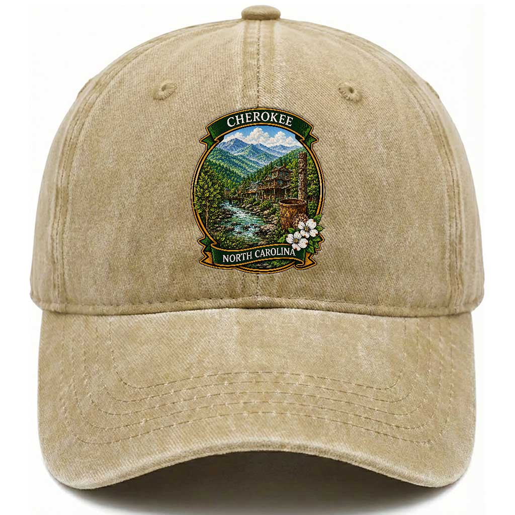 Vintage Great Smoky Mountains Washed Cotton Baseball Cap Cherokee North Carolina Landscape