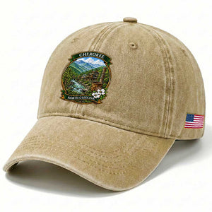 Vintage Great Smoky Mountains Washed Cotton Baseball Cap Cherokee North Carolina Landscape