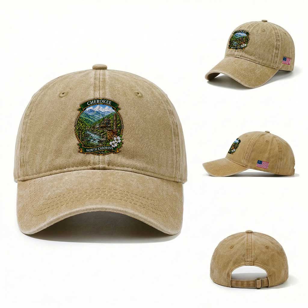 Vintage Great Smoky Mountains Washed Cotton Baseball Cap Cherokee North Carolina Landscape