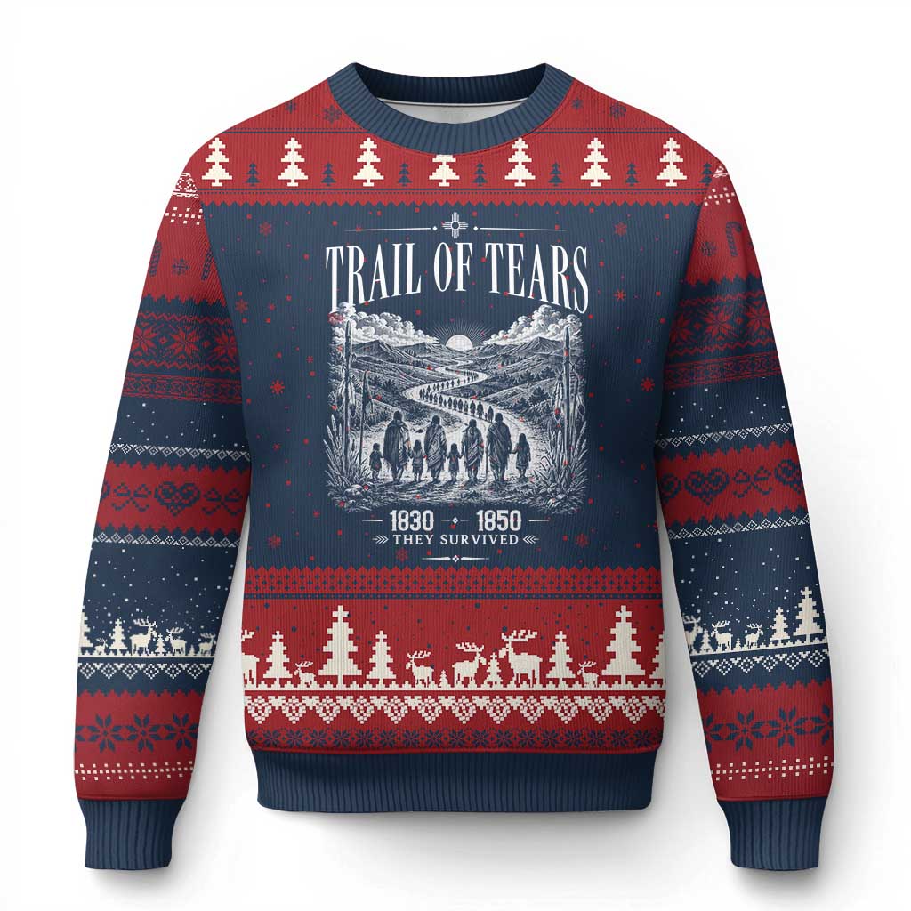 Cherokee History Native American Vintage Gift Ugly Christmas Sweater They Survived Trail Of Tears TS12 Navy Red Print Your Wear