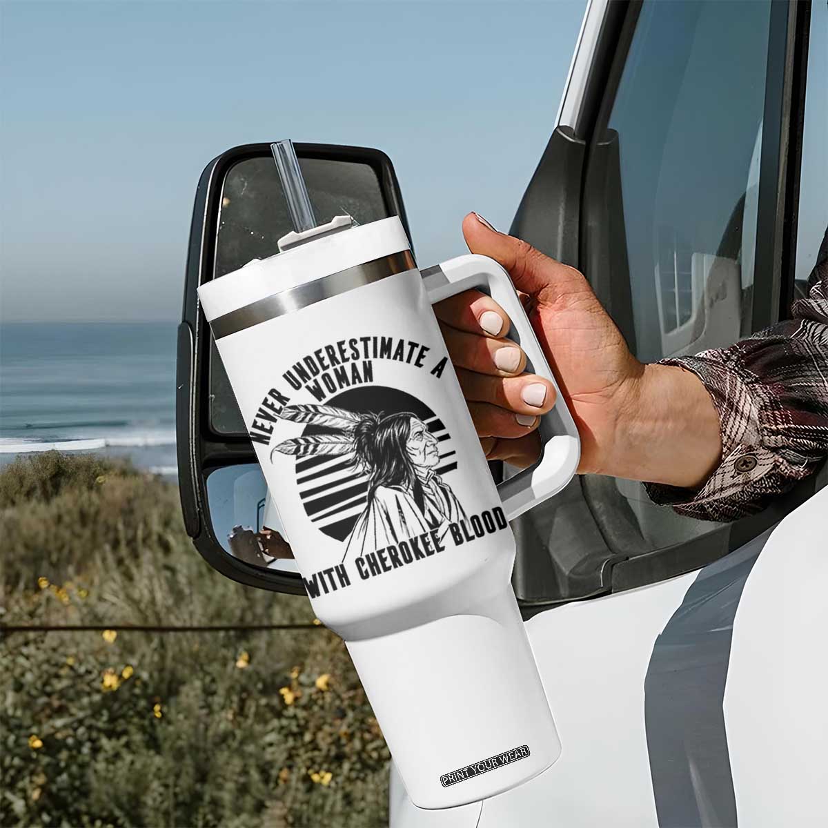 Never Underestimate A Woman With Cherokee Blood Tumbler With Handle Native American Heritage Gift