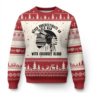 Never Underestimate An Old Man With Cherokee Blood Ugly Christmas Sweater Native American Heritage Gift