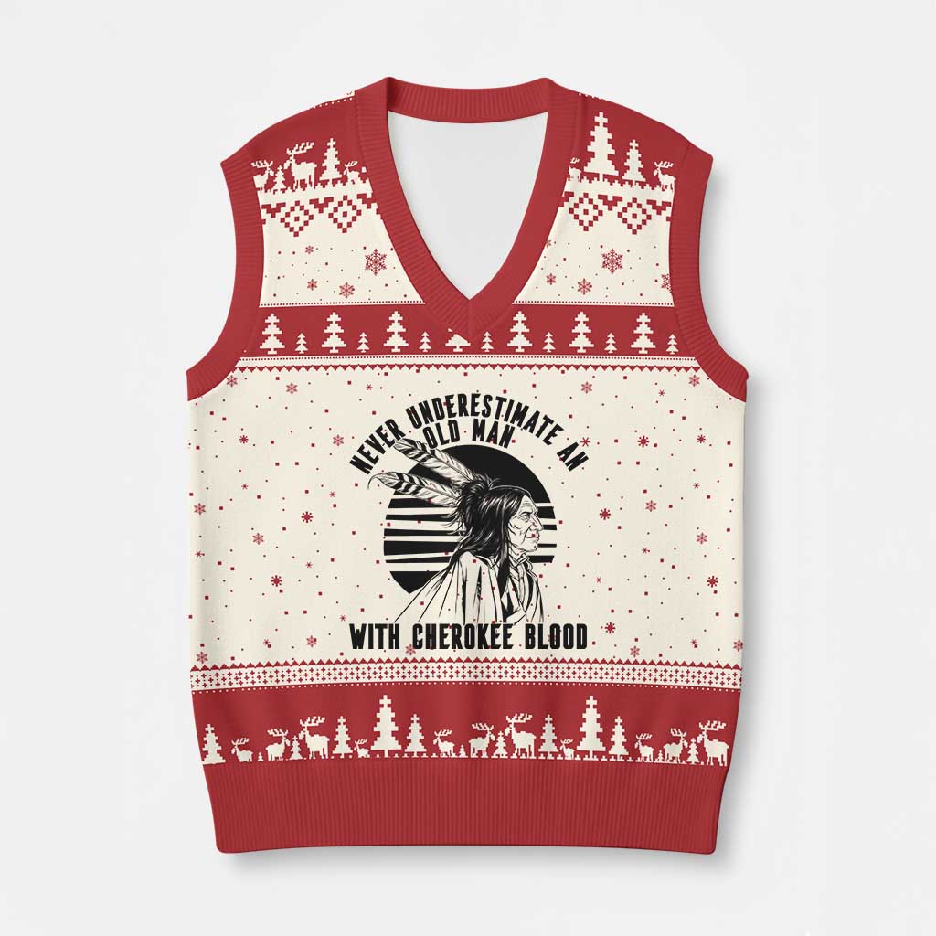 Never Underestimate An Old Man With Cherokee Blood V-Neck Knit Sweater Vest Native American Heritage Gift TS12 Beige Red Print Your Wear