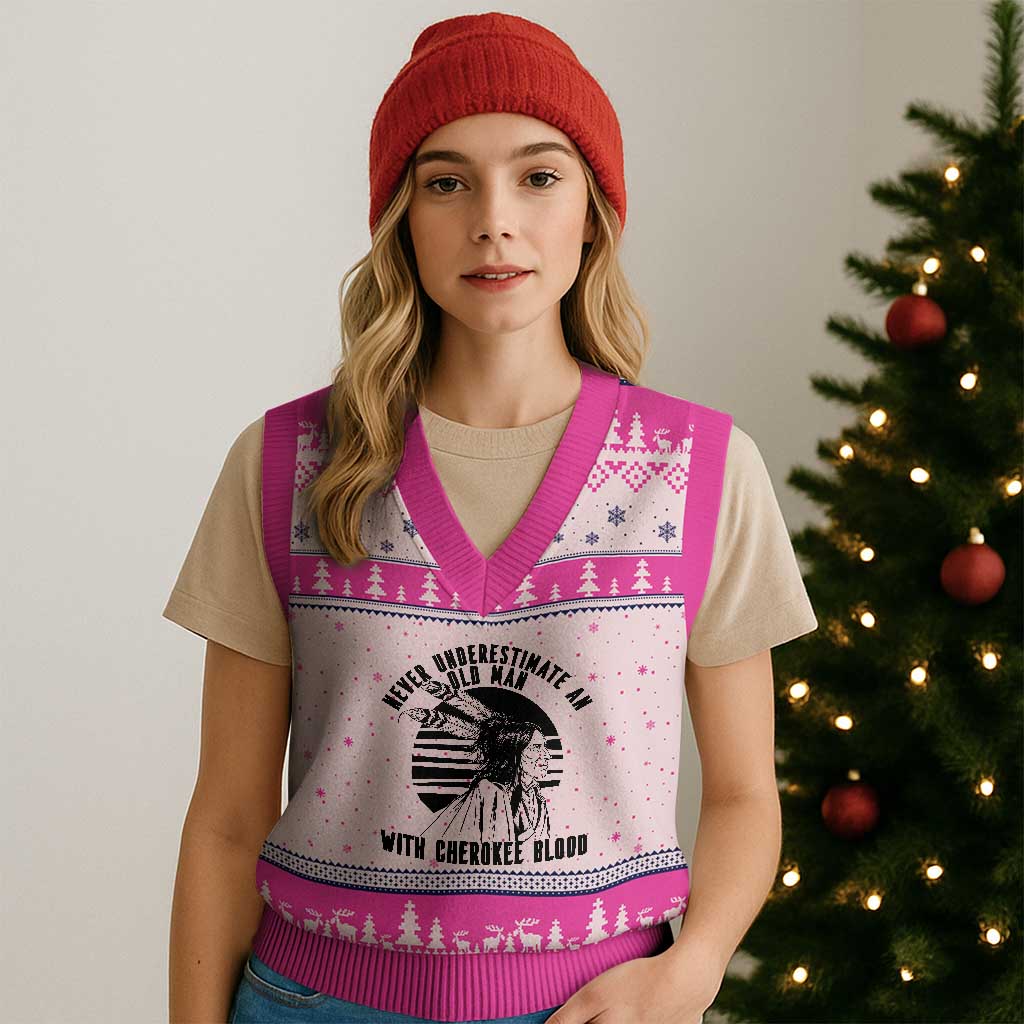 Never Underestimate An Old Man With Cherokee Blood V-Neck Knit Sweater Vest Native American Heritage Gift