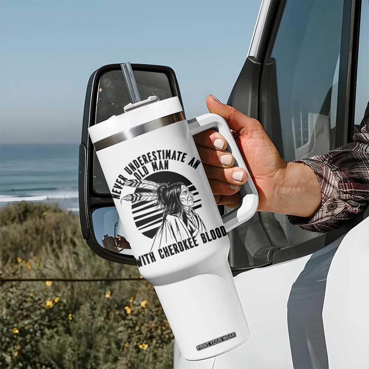 Never Underestimate An Old Man With Cherokee Blood Tumbler With Handle Native American Heritage Gift