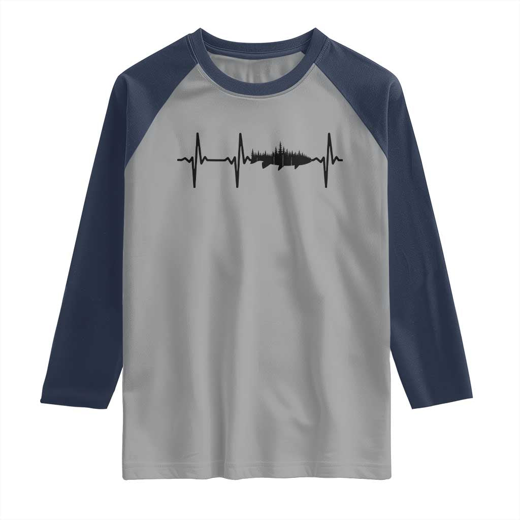 Fish And Forest Fishing Lover Heartbeat Gift Raglan Shirt TS12 Sport Gray Navy Print Your Wear