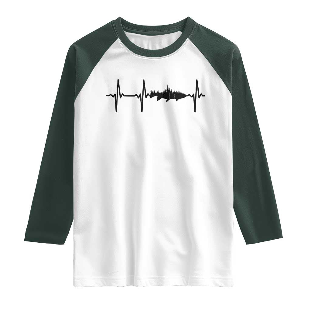 Fish And Forest Fishing Lover Heartbeat Gift Raglan Shirt TS12 White Dark Forest Green Print Your Wear