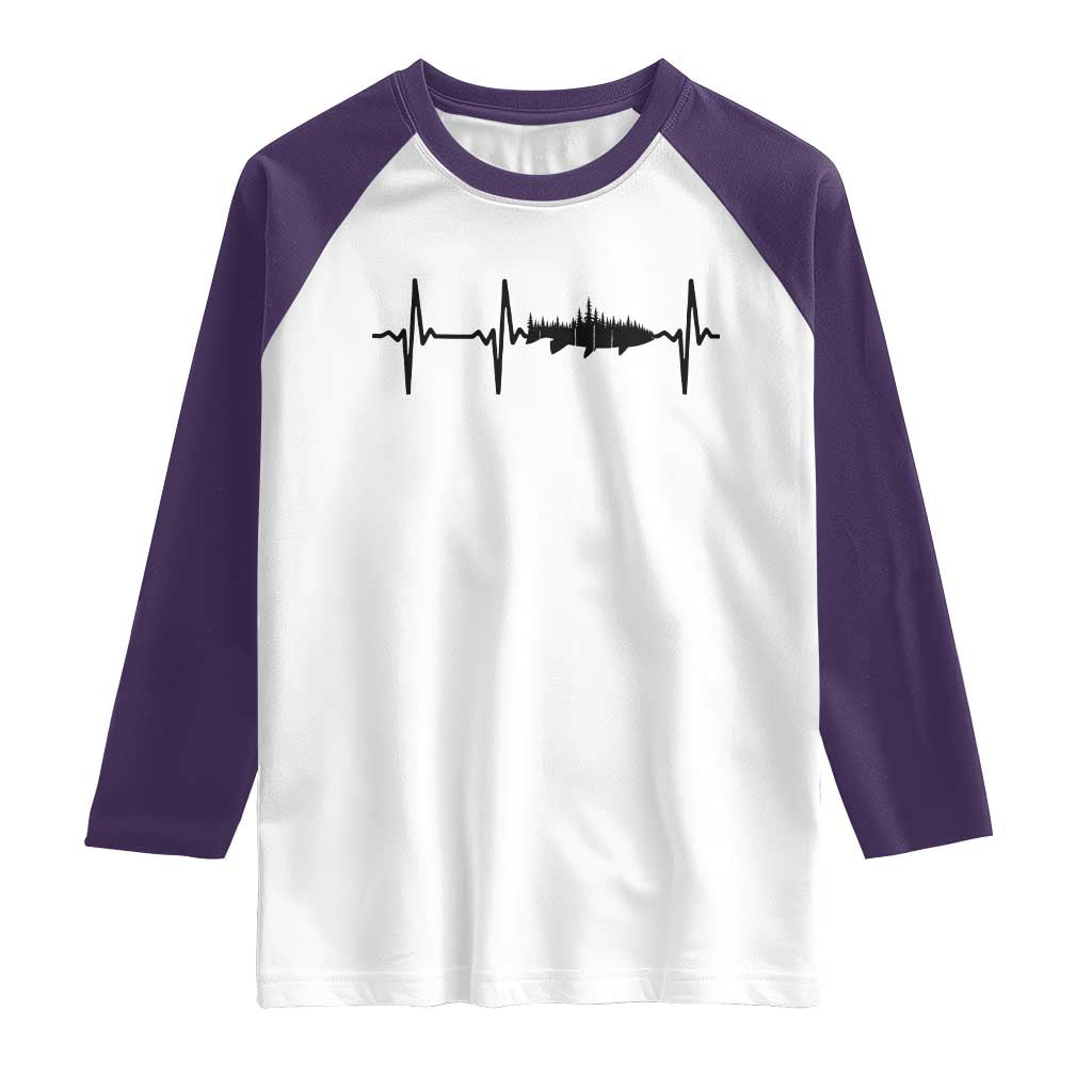 Fish And Forest Fishing Lover Heartbeat Gift Raglan Shirt TS12 White Purple Print Your Wear