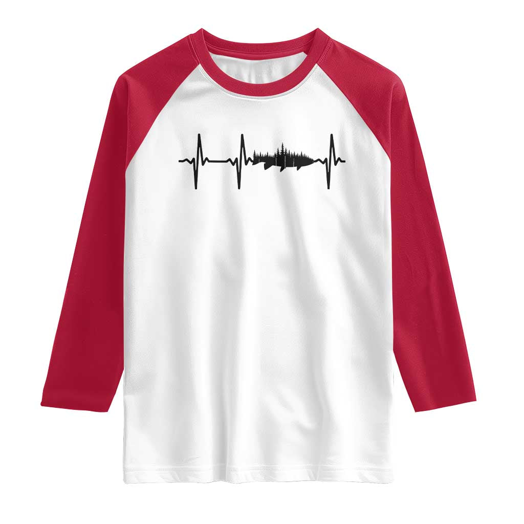 Fish And Forest Fishing Lover Heartbeat Gift Raglan Shirt TS12 White Red Print Your Wear