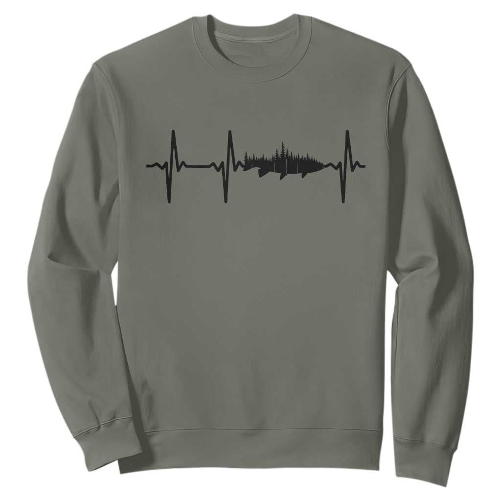 Fish And Forest Fishing Lover Heartbeat Gift Sweatshirt TS12 Military Green Print Your Wear