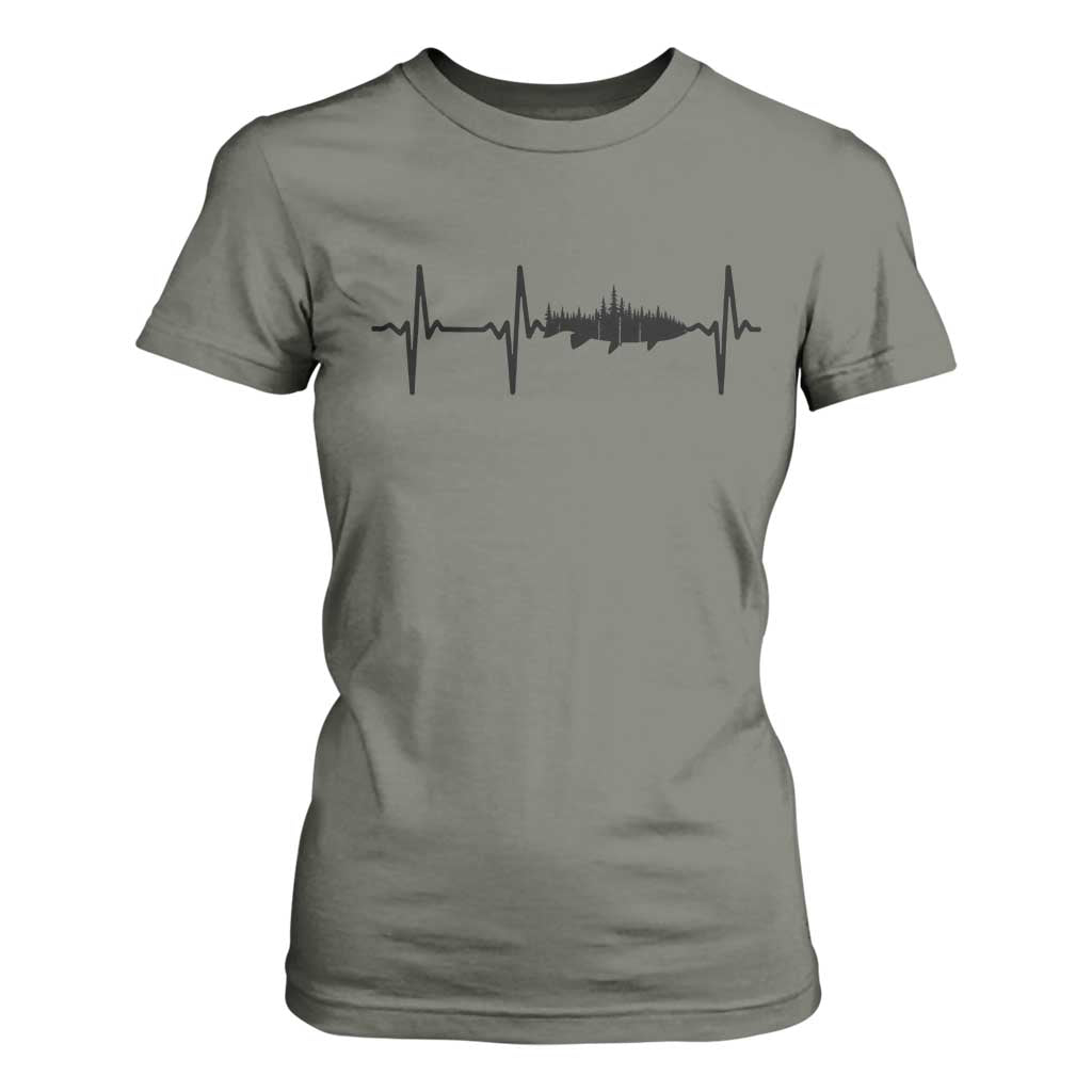 Fish And Forest Fishing Lover Heartbeat Gift T Shirt For Women TS12 Military Green Print Your Wear