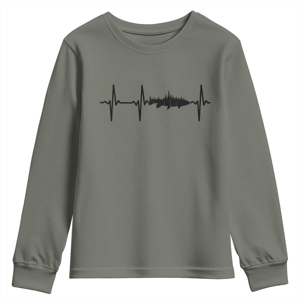 Fish And Forest Fishing Lover Heartbeat Gift Youth Sweatshirt TS12 Military Green Print Your Wear