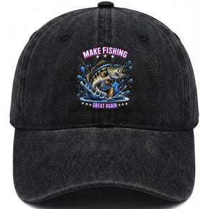 Funny Make Fishing Great Again Washed Cotton Baseball Cap Fisherman Gift TS12 Washed Cap Universal Fit Black Print Your Wear