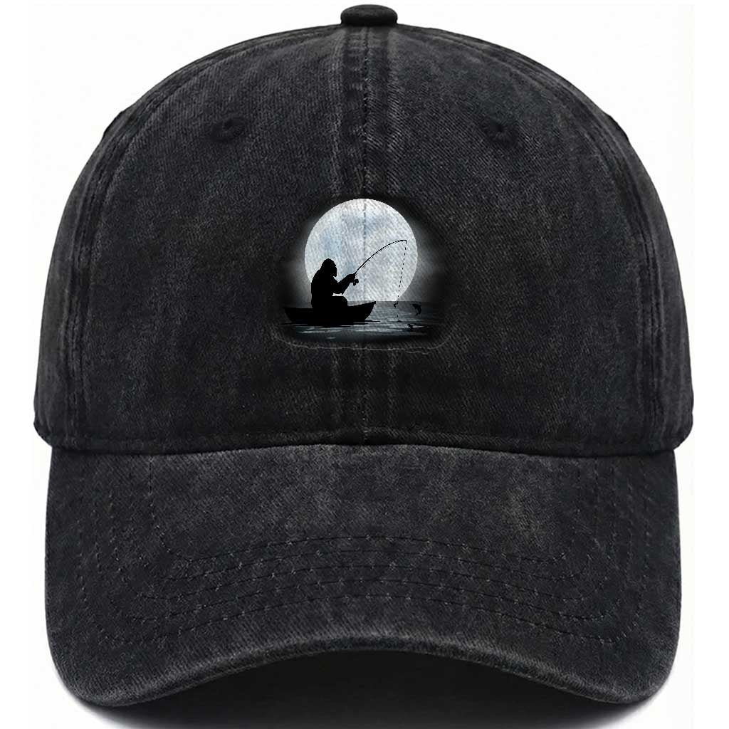 Funny Fisherman Gift Washed Cotton Baseball Cap Bigfoot Fishing TS12 Washed Cap Universal Fit Black Print Your Wear