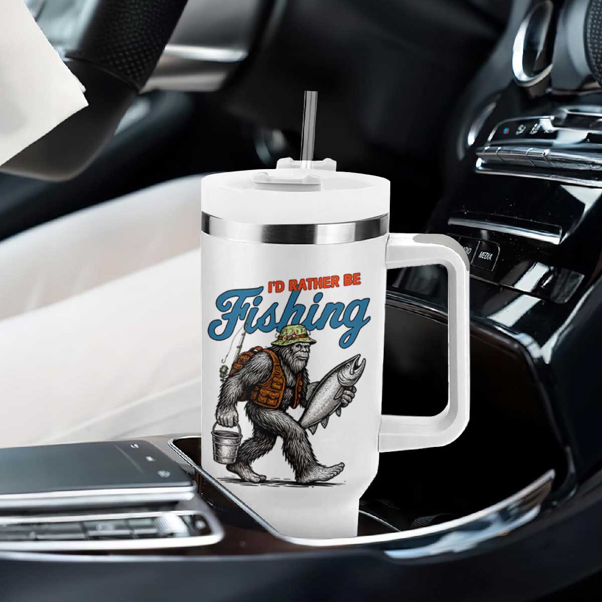 Id Rather Be Fishing Tumbler With Handle Funny Bigfoot Fishing TS12 Print Your Wear