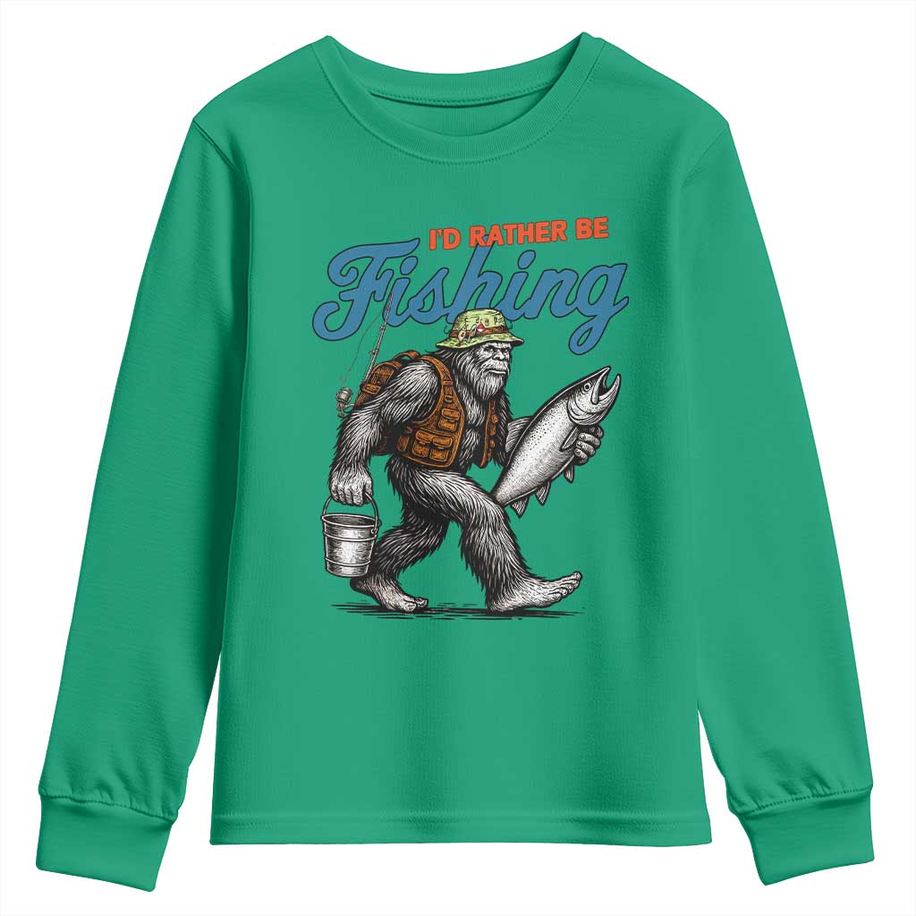 Id Rather Be Fishing Youth Sweatshirt Funny Bigfoot Fishing TS12 Irish Green Print Your Wear
