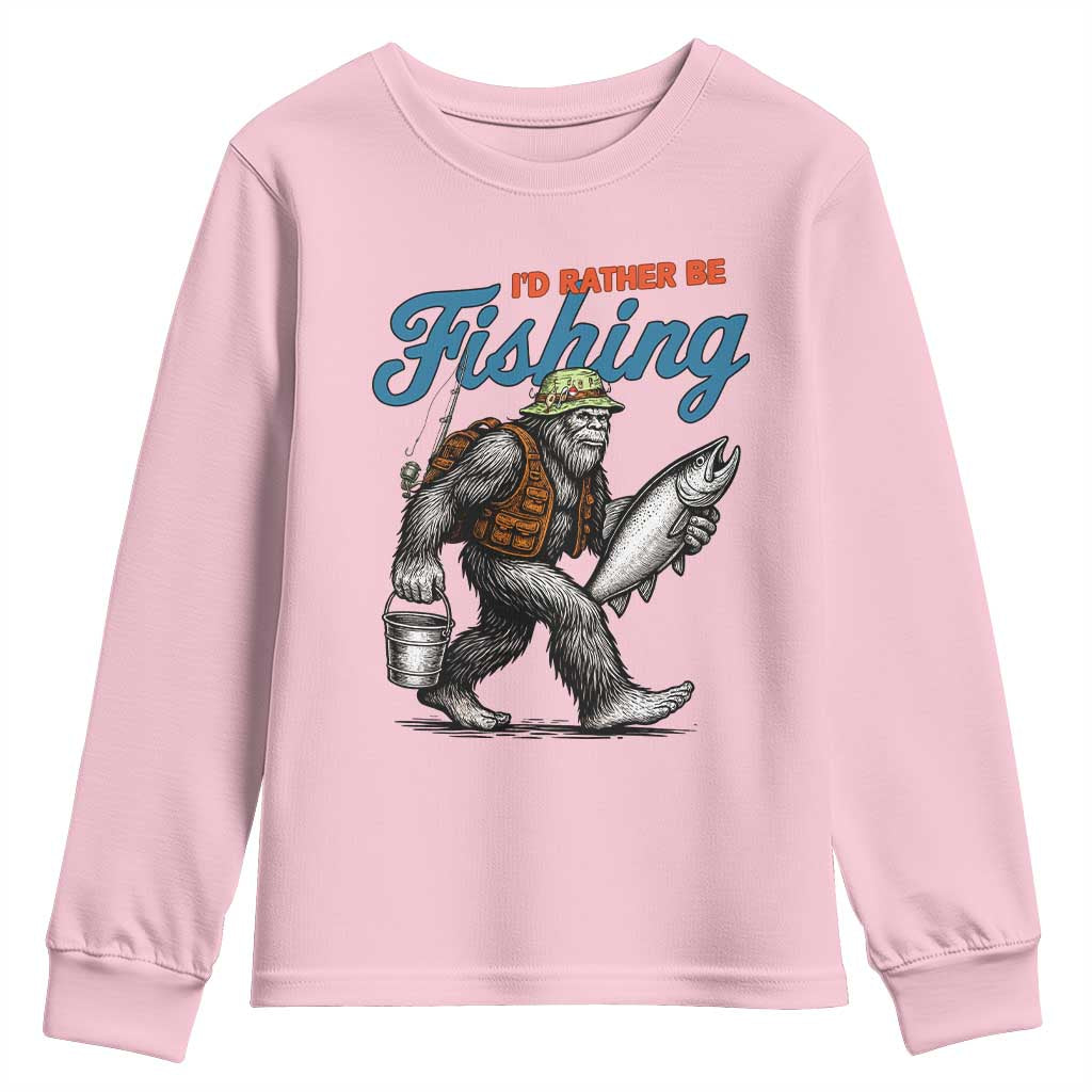 Id Rather Be Fishing Youth Sweatshirt Funny Bigfoot Fishing TS12 Light Pink Print Your Wear